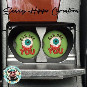 Car Coasters Eye See You Blood Eyeball Halloween Spooky Creepy Set of 2 Neoprene